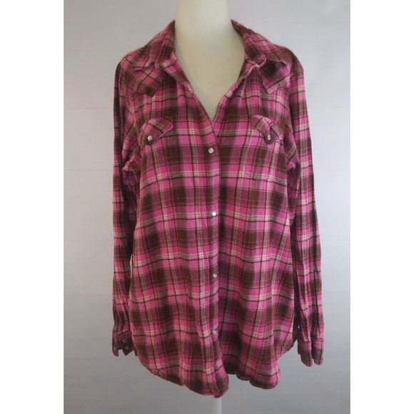 Wrangler Tops - WRANGLER Pink Plaid Flannel Pearly Snap Shirt XXL